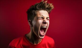 Teenager boy screaming in protest sign, isolated on colorful studio background. Ai generated photo