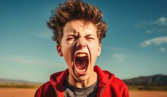 Teenager boy screaming in protest sign, isolated on colorful studio background. Ai generated photo