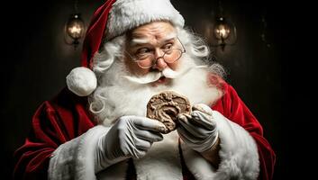 linda Papa Noel claus comiendo un chocolate chip Galleta. ai generado foto