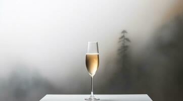 Glasses of champagne to welcome the new year, in a cloudy environment. Free space for text. AI generated photo