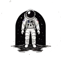 In the inky blackness of space, the silhouette of a solitary astronaut floating, graphic tshirt vector, contour,  white border background png