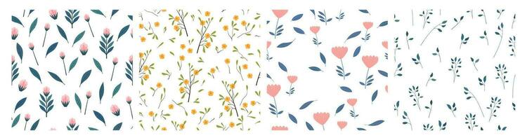 set of floral seamless patterns. hand drawn flowers, leaves and branches vector