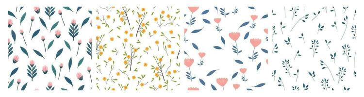 set of floral seamless patterns. hand drawn flowers, leaves and branches vector