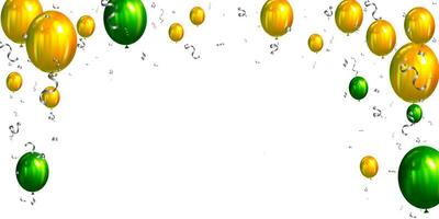 Green and yellow balloons with confetti on white background. Vector illustration.