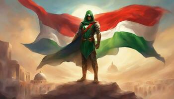 A man holds a Palestinian flag in front of a Al Aqsa Mosque. Superhero or Warrior wearing a Palestine Flag to save the Gaza. photo