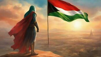 A man holds a Palestinian flag in front of a Al Aqsa Mosque. Superhero or Warrior wearing a Palestine Flag to save the Gaza. photo