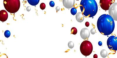background frame balloons blue, red and white color and gold confetti vector