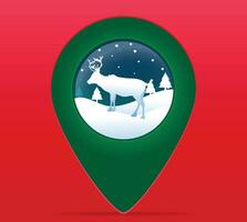 Christmas, New year and Reindeer in Green pin marker on red color background, travel and giving concept navigation on holiday and festival. vector