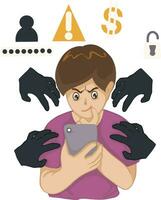 Hacker or thief hand stealing data from smartphone for phishing and internet viruses. hacking social network. cartoon vector Illustration.