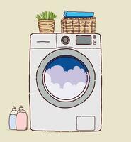 Flat style vector illustration of washing machine and colorful detergents