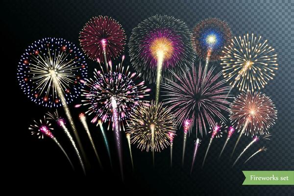 Group of vector fireworks isolated