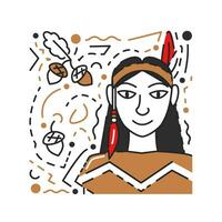 Thanksgiving icon concept design isolated on textured abstract background. Holiday drawing with female character and acorns. Cute native girl. Indigenous woman hand drawn flat vector illustration