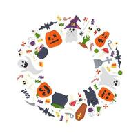 Halloween traditional elements set. Cool holiday symbols isolated on white background. Circle shaped frame full of creepy and spooky autumn items. Hand drawn flat vector illustration with copy space