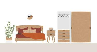 Horizontal hotel suit room scene. Minimalist bedroom with houseplant and huge wardrobe. Eco wooden textured furniture and different textile prints. Interior design hand drawn flat vector illustration
