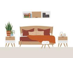 Cozy sleeping room with books and family photos. Domestic interior design with candles and plants for relaxing and resting. Bedtime concept scene. Master bedroom hand drawn flat vector illustration