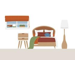 linda interior diseño con soltero cama. para niños descansando habitación. ventana lleno de libros y jarra de té. elegante piso lámpara en lado de cama. adolescente dormitorio mano dibujado plano vector ilustración con Copiar espacio