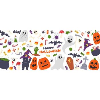 Fall holiday horizontal banner design isolated on white. Rectangular template with cute traditional symbols. October creepy and spooky season. Halloween elements hand drawn flat vector illustration