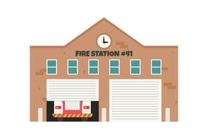 Red fire engine truck standing in garage. Emergency service vehicle inside fire station. security transport in firehouse building. Architectural hand drawn flat vector illustration isolated on white