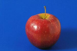 a red apple on a blue background photo