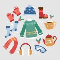 hand drawn flat winter clothes and essentials collection vector