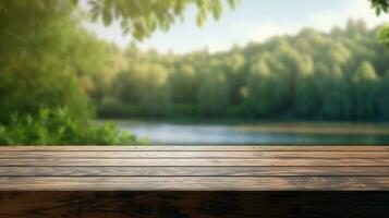 Empty wooden table with blurred background photo