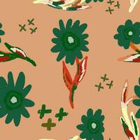 a pattern with green and red flowers on a tan background vector