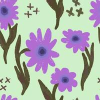 a pattern with purple flowers and crosses on a green background vector