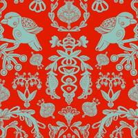 a red and turquoise floral pattern with birds and flowers vector