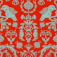 a red and turquoise floral pattern with birds and flowers vector