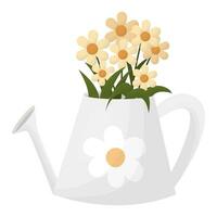 Watering can with flowers, with daisies. Vector illustration on a white background.