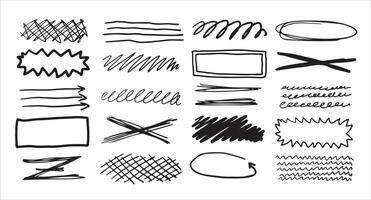 Set of doodle crosses, swirls, broken lines and arrow. Hand-drawn geometric shapes. Abstract sketch symbols. vector