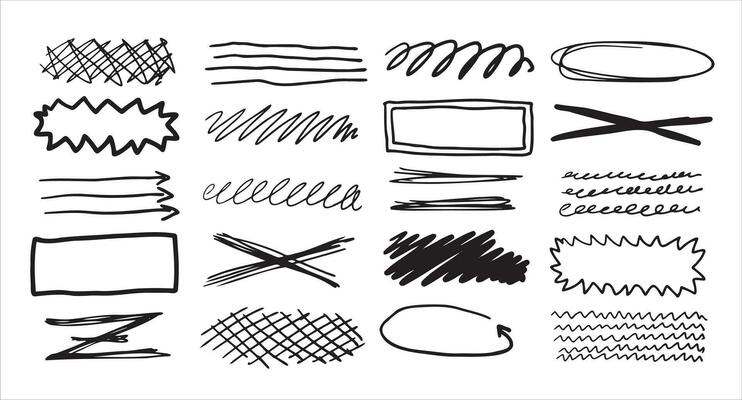 Set of doodle crosses, swirls, broken lines and arrow. Hand-drawn geometric shapes. Abstract sketch symbols.