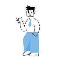 Man is standing. Gesture of greeting. Hi and hello. Hand in pocket. Modern trendy business character. Outline cartoon illustration vector