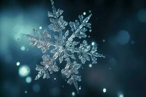 Snowflake falling down closeup photo. Generate Ai photo