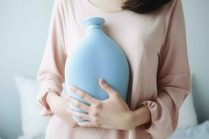 Woman water bottle cystitis pain treatment. Generate Ai photo