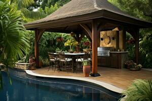 Luxurious Gazebo swimming pool bbq. Generate Ai photo