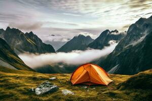 Rustic Tent camping at autumn camp. Generate Ai photo