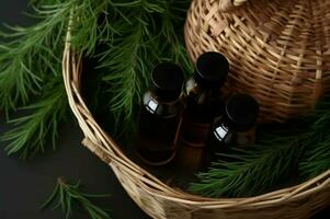 Bottles with essential pine oil with green branches in wicker basket. Generate ai photo