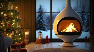 ai generative photo of a 70's feel decorated christmas home with fireplace