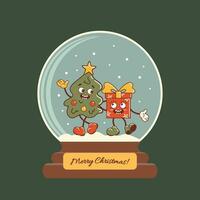 Glass ball with snow. Merry Christmas tree hugs a gift box. Fashionable old retro cartoon style characters. Vintage holiday illustration for sticker, poster, cards vector