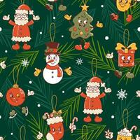 Christmas tree seamless pattern. Snowman, stocking, gift and mug, ball is skating. Cute old retro cartoon style characters. Spruce branches. wallpaper, fabric, wrapping, background. vector