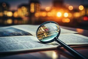 Magnifying glass over a newspaper with an advertisement about real estate, housing. Housing search concept. photo