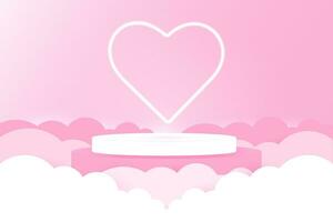 San Valentín día 3d realista pastel blanco rosado podio con neón corazón y papel cortar nubes con iluminar desde el fondo. pastel vector rosado antecedentes para un amor concepto para San Valentín día. resumen geométrico.