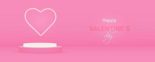 Happy Valentine's Day banner pink with 3d podium heart neon.Vector illustration for template discounts with a love-themed concept.Abstract geometric.Mega sale, web banner, valentine's day card. vector