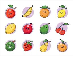 linda kawaii frutas conjunto en dibujos animados estilo. frutas recopilación. frutas iconos, pegatinas, mascotas frutas caracteres. vector ilustración aislado en blanco antecedentes.