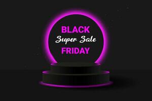 Black Friday super sale neon podium. Black 3D podium with glowing pink neon circle and glitter. Banner for demonstrating products, promotions, discounts, sales. Product mockup. vector