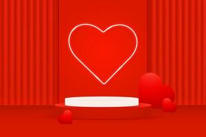 Valentine's Day Realistic 3D red white podium with neon white heart and red geometric background soft hearts.Neon light heart shape. Vector abstract geometric forms. Round stage showcase.