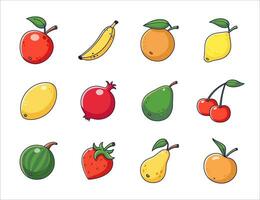 Cute Fruits set in cartoon style. Fruits collection. Fruits icons, stickers, mascots. Vector illustration isolated on white background.