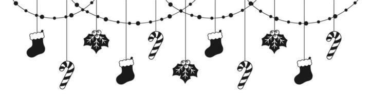 Merry Christmas Border Banner Silhouette, Hanging Stocking, Mistletoe and Candy Cane Garland. Winter Holiday Season Header. Web Banner Template. Vector illustration.