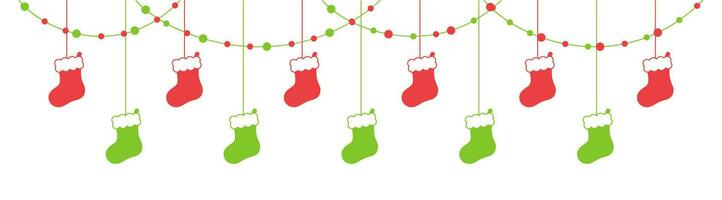 Merry Christmas Border Banner, Hanging Santa Stockings Garland. Winter Holiday Season Header Decoration. Web Banner Template. Vector illustration.